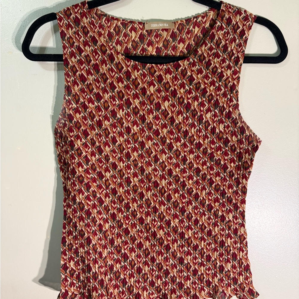 TERRANOSTRA Dress Womens XS Red Geometric Tank Bodycon Pleated Jersey Sleeveless